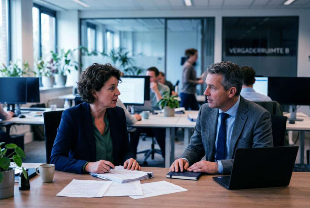 Foto van een werkomgeving waar een individu in gesprek is met een leidinggevende.